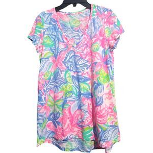 Lilly Pulitzer V-Neck Pink Floral Lillies Lime Print Shirt Size S